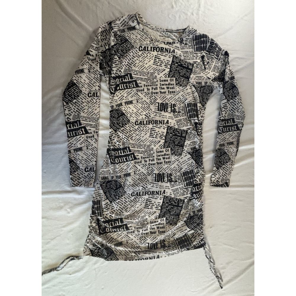 Social Tourist Ruched Bodycon Mini Dress Large Black White Newspaper Print